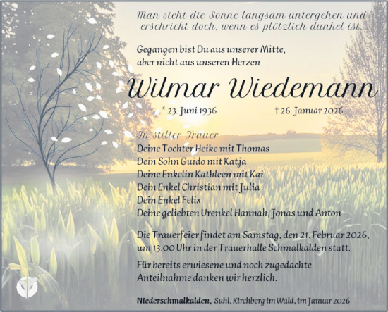 Traueranzeige von Wilmar Wiedemann von Südthüringer Presse