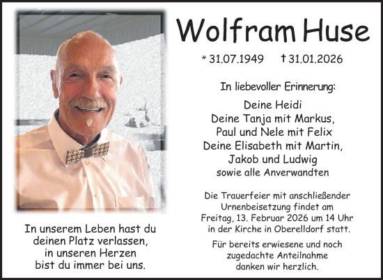 Traueranzeige von Wolfram Huse von Neue Presse Coburg