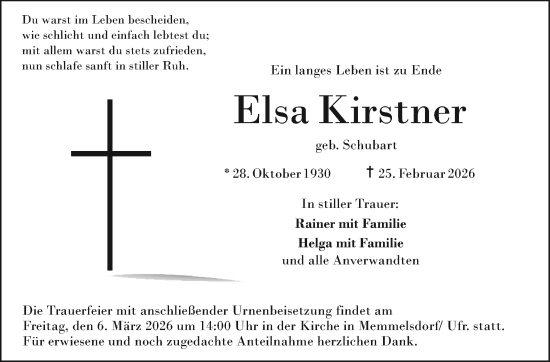 Traueranzeige von Elsa Kirstner von Neue Presse Coburg