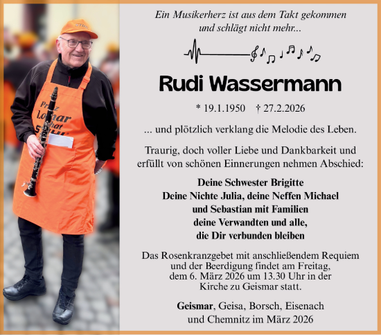 Traueranzeige von Rudi Wassermann von Südthüringer Presse